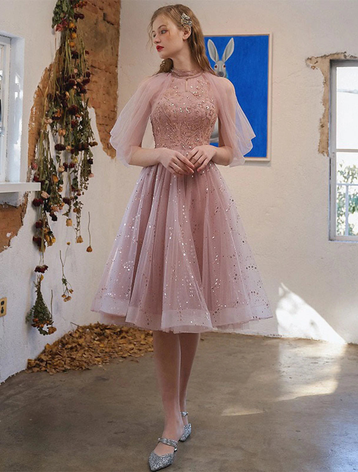 Luolandi A-Line Cocktail Dresses Party Dress Graduation Engagement Knee Length 3/4 Length Sleeve Jewel Neck Tulle with Sequin